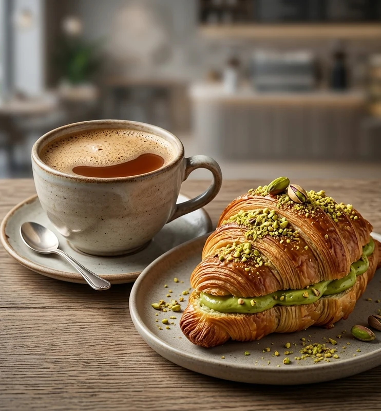 Karak chai and pistachio croissant at Cafe Gulzar, Edmonton
