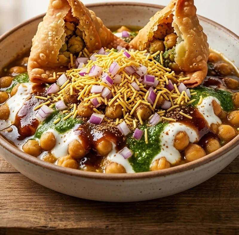 Samosa chaat with chickpeas, yogurt and chutneys at Cafe Gulzar, Edmonton