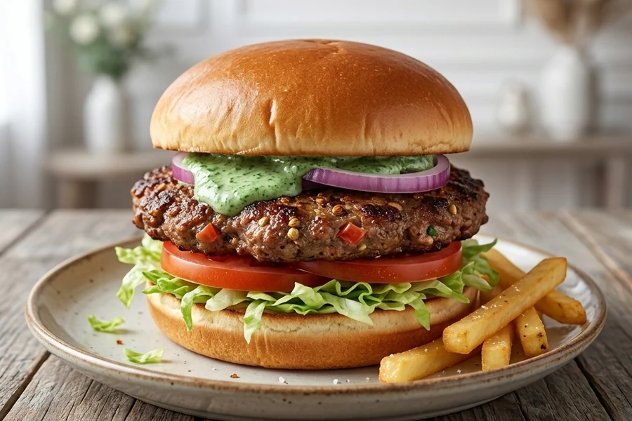 Chapli kabab burger in a soft bun at Cafe Gulzar, Edmonton