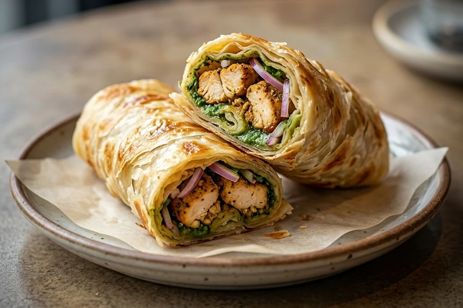 Chicken paratha roll with chutney and onions at Cafe Gulzar, south Edmonton