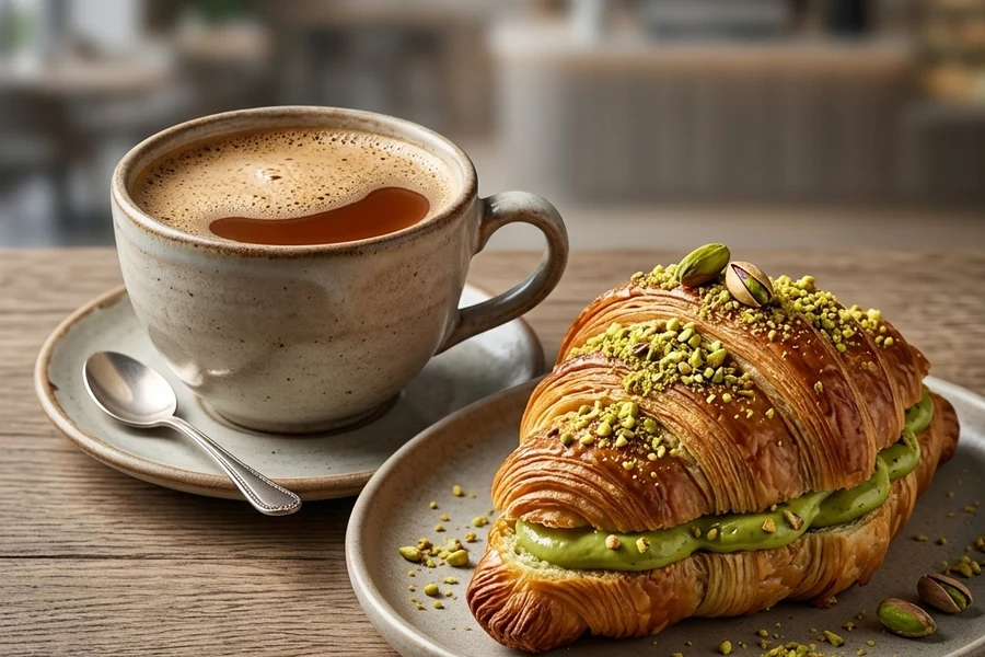 Karak chai with a pistachio croissant at Cafe Gulzar, south Edmonton