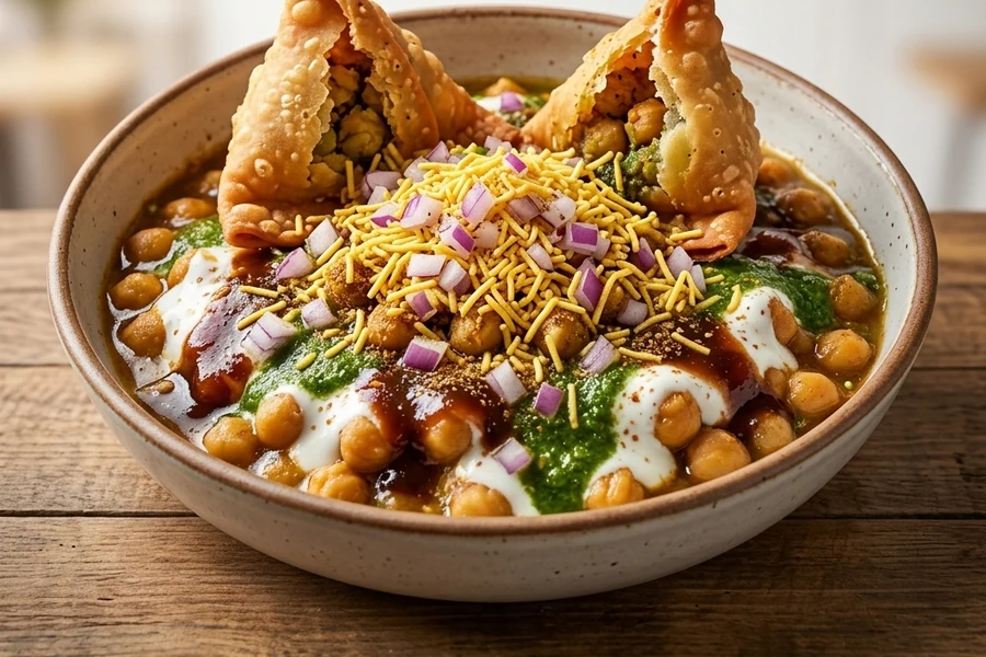 Samosa chaat with chickpeas, yogurt and chutneys at Cafe Gulzar, Edmonton